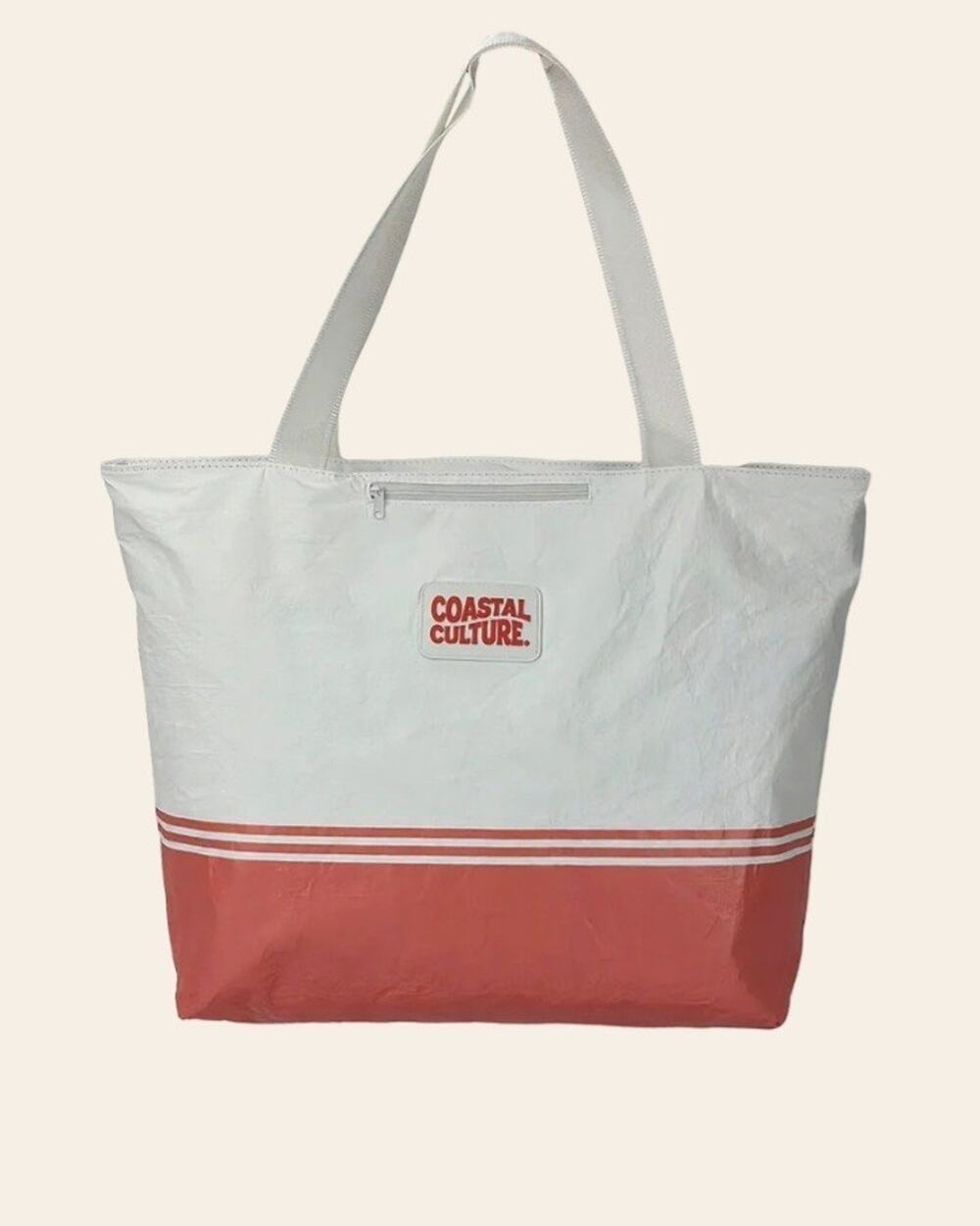 Coastal Culture Colorblock Tote Bag White/Pink with Zipper Reusable Shopping Bag